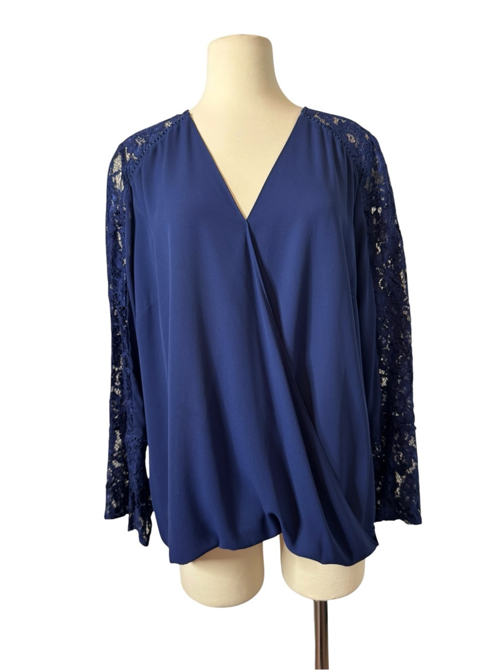 Womens INC navy Lace-Sleeve V-Neck Blouse